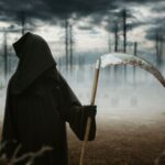 Death with a scythe in the dark misty forest
