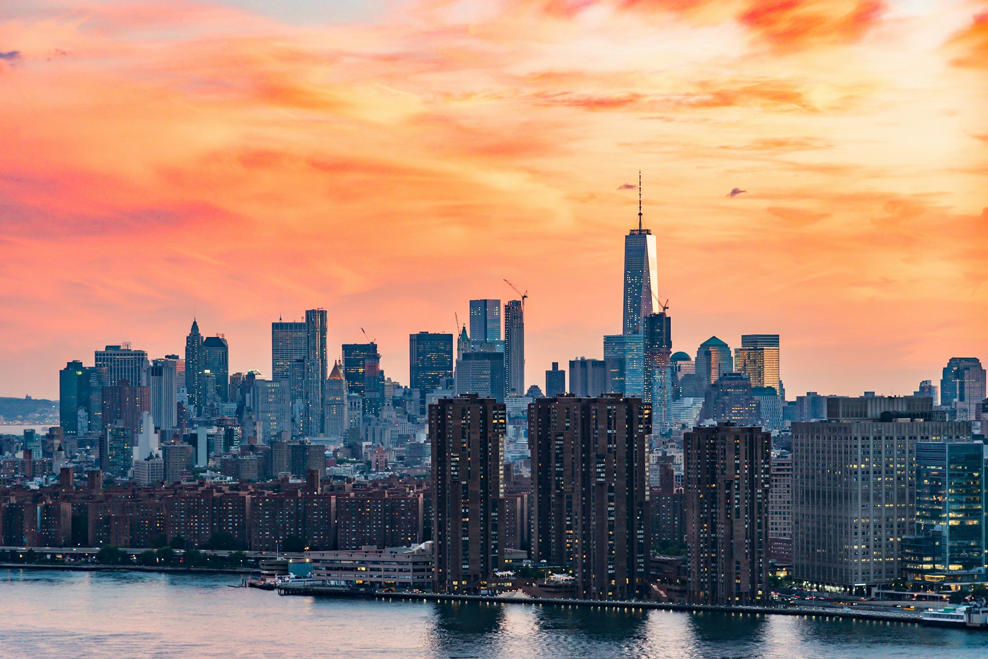 View of One World Trade Center in New York at sunset